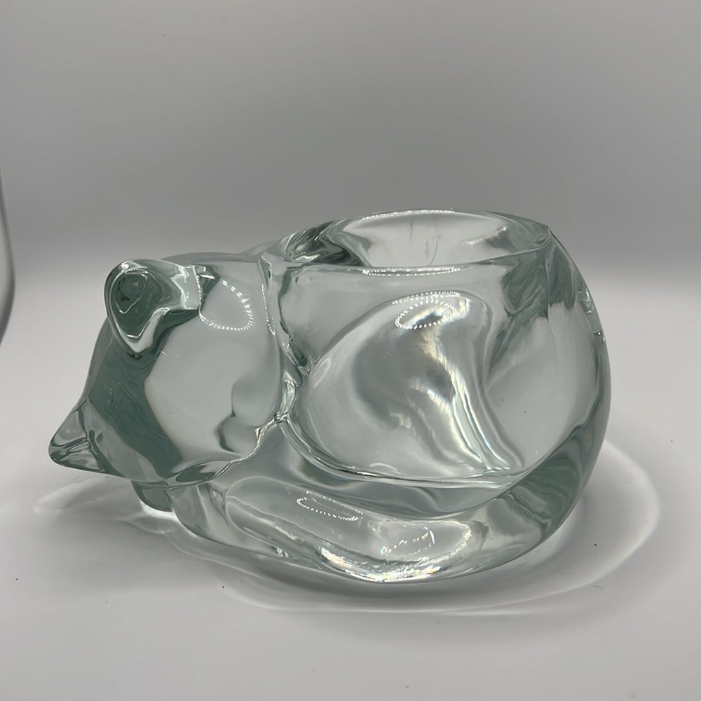 Indiana Glass Made in USA Sleeping Cat Clear Glass Votive Candle Holder Planter